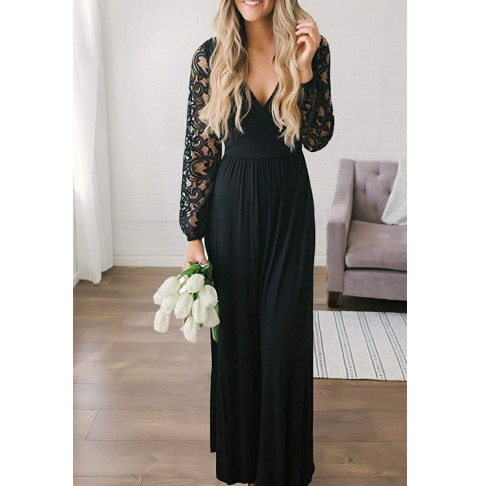 Vintage Floral Lace Long Sleeve
V Neck Maxi Dress